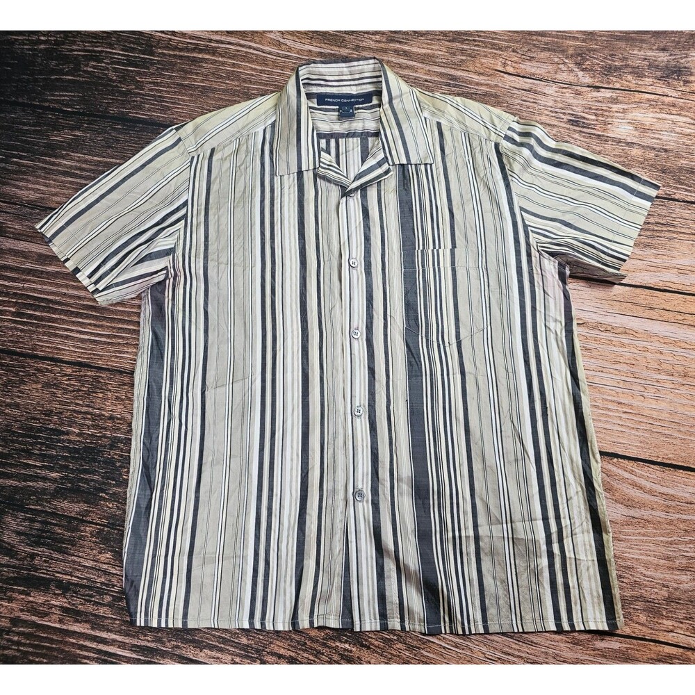 French Connection 100% Silk Short Slv Button Up Shirt Gray White Striped Men L